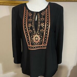 Coldwater Creek SZ 6 Black Top Copper Sequin Embroidered Keyhole Neck Boho Chic